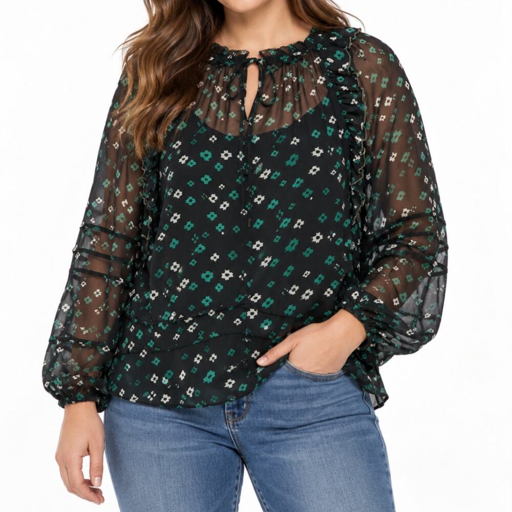 Lucky Brand Sheer Floral Boho Peasant Top XL